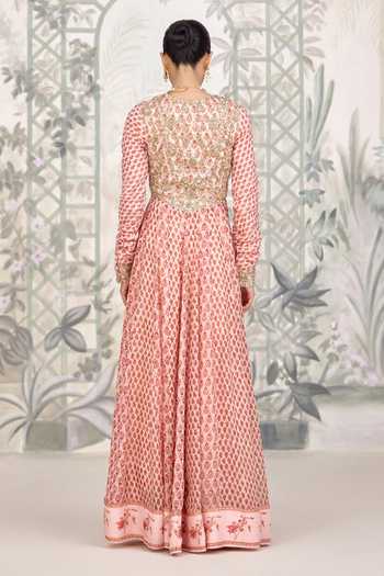 Shyam Narayan Prasad Pink Silk, Georgette V-neck Zardozi Hand Block Print Anarkali Set at Aza Fashions Shyam Narayan Prasad_Pink Silk, Georgette V-neck Zardozi Hand Block Print Anarkali Set _at_Aza_Fashions