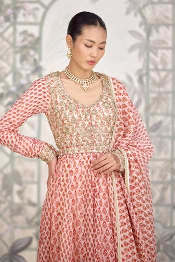 Buy Shyam Narayan Prasad Pink Silk, Georgette V-neck Zardozi Hand Block Print Anarkali Set Buy_Shyam Narayan Prasad_Pink Silk, Georgette V-neck Zardozi Hand Block Print Anarkali Set