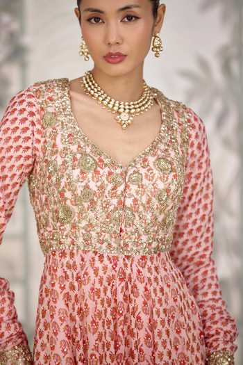 Shop Shyam Narayan Prasad Pink Silk, Georgette V-neck Zardozi Hand Block Print Anarkali Set Shop_Shyam Narayan Prasad_Pink Silk, Georgette V-neck Zardozi Hand Block Print Anarkali Set