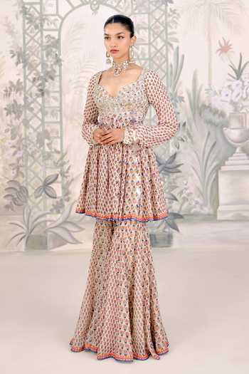 Shyam Narayan Prasad_White Georgette Sweetheart Neck Zardozi Embroidered Top Sharara Set _Online_at_Aza_Fashions