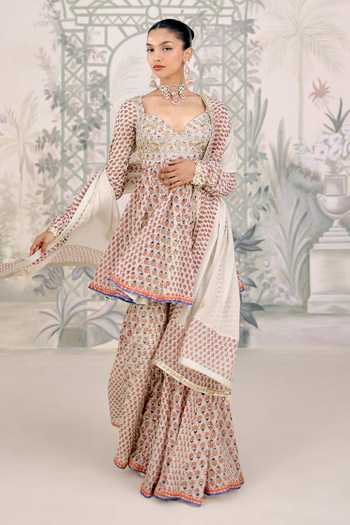 Shop_Shyam Narayan Prasad_White Georgette Sweetheart Neck Zardozi Embroidered Top Sharara Set _Online_at_Aza_Fashions