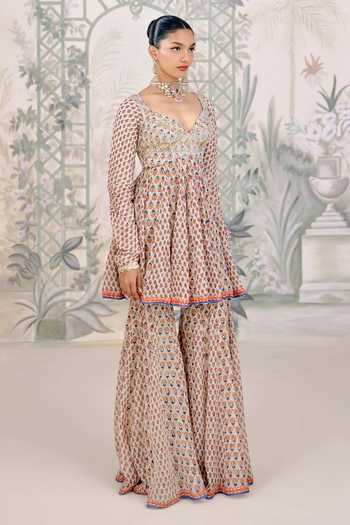 Shyam Narayan Prasad_White Georgette Sweetheart Neck Zardozi Embroidered Top Sharara Set _at_Aza_Fashions
