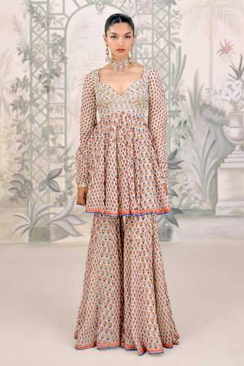 Shop_Shyam Narayan Prasad_White Georgette Sweetheart Neck Zardozi Embroidered Top Sharara Set 