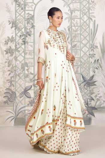 Shyam Narayan Prasad Off White Silk, Georgette Round Neck Zardozi Embroidered Anarkali Sharara Set Online at Aza Fashions Shyam Narayan Prasad_Off White Silk, Georgette Round Neck Zardozi Embroidered Anarkali Sharara Set _Online_at_Aza_Fashions