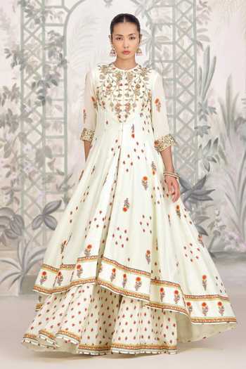 Shop Shyam Narayan Prasad Off White Silk, Georgette Round Neck Zardozi Embroidered Anarkali Sharara Set Online at Aza Fashions Shop_Shyam Narayan Prasad_Off White Silk, Georgette Round Neck Zardozi Embroidered Anarkali Sharara Set _Online_at_Aza_Fashions