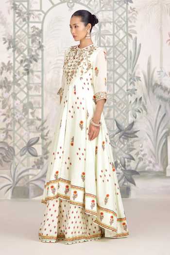 Shyam Narayan Prasad Off White Silk, Georgette Round Neck Zardozi Embroidered Anarkali Sharara Set at Aza Fashions Shyam Narayan Prasad_Off White Silk, Georgette Round Neck Zardozi Embroidered Anarkali Sharara Set _at_Aza_Fashions