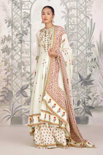 Shop Shyam Narayan Prasad Off White Silk, Georgette Round Neck Zardozi Embroidered Anarkali Sharara Set Shop_Shyam Narayan Prasad_Off White Silk, Georgette Round Neck Zardozi Embroidered Anarkali Sharara Set