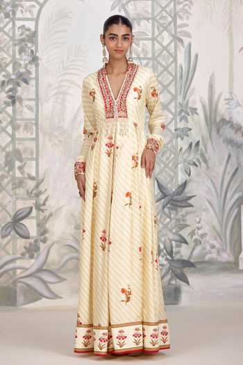 Buy Shyam Narayan Prasad Ivory Silk, Georgette V-neck Zardozi Print Anarkali Set Buy_Shyam Narayan Prasad_Ivory Silk, Georgette V-neck Zardozi Print Anarkali Set