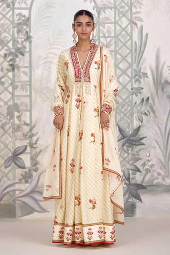 Shop Shyam Narayan Prasad Ivory Silk, Georgette V-neck Zardozi Print Anarkali Set Shop_Shyam Narayan Prasad_Ivory Silk, Georgette V-neck Zardozi Print Anarkali Set