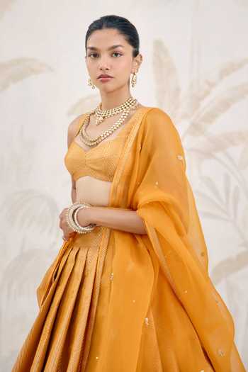 Shyam Narayan Prasad_Yellow Silk, Organza, Brocade Scoop Neck Zardozi Embroidered Lehenga Set _Online_at_Aza_Fashions