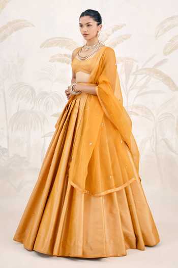 Buy_Shyam Narayan Prasad_Yellow Silk, Organza, Brocade Scoop Neck Zardozi Embroidered Lehenga Set _Online_at_Aza_Fashions