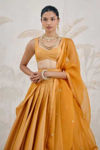 Shop_Shyam Narayan Prasad_Yellow Silk, Organza, Brocade Scoop Neck Zardozi Embroidered Lehenga Set _Online_at_Aza_Fashions