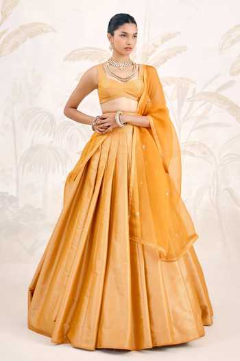 Buy_Shyam Narayan Prasad_Yellow Silk, Organza, Brocade Scoop Neck Zardozi Embroidered Lehenga Set 