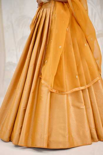 Shop_Shyam Narayan Prasad_Yellow Silk, Organza, Brocade Scoop Neck Zardozi Embroidered Lehenga Set 