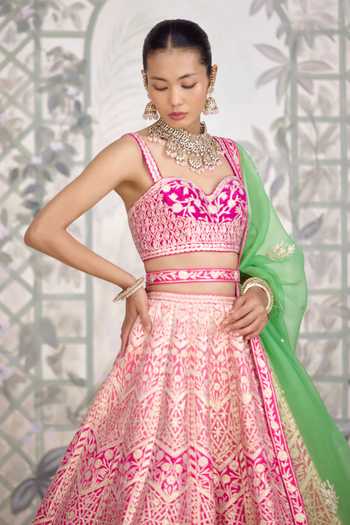 Shyam Narayan Prasad Pink Silk Sweetheart Neck Gota Embroidered Lehenga Set Online at Aza Fashions Shyam Narayan Prasad_Pink Silk Sweetheart Neck Gota Embroidered Lehenga Set _Online_at_Aza_Fashions