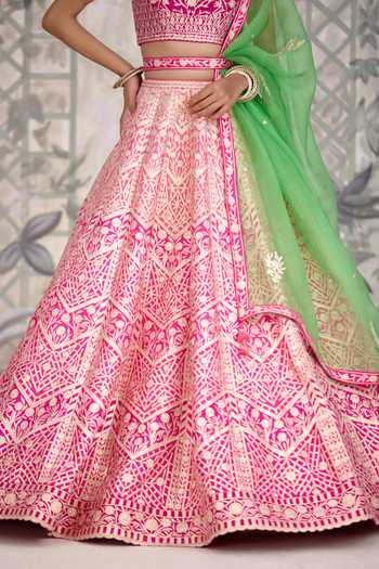 Shop Shyam Narayan Prasad Pink Silk Sweetheart Neck Gota Embroidered Lehenga Set Online at Aza Fashions Shop_Shyam Narayan Prasad_Pink Silk Sweetheart Neck Gota Embroidered Lehenga Set _Online_at_Aza_Fashions