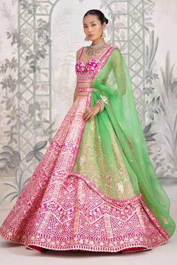 Shyam Narayan Prasad Pink Silk Sweetheart Neck Gota Embroidered Lehenga Set at Aza Fashions Shyam Narayan Prasad_Pink Silk Sweetheart Neck Gota Embroidered Lehenga Set _at_Aza_Fashions