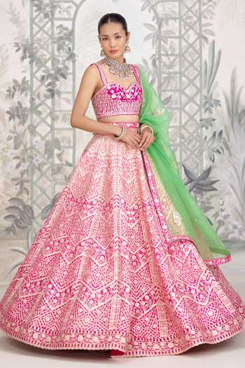 Shop Shyam Narayan Prasad Pink Silk Sweetheart Neck Gota Embroidered Lehenga Set Shop_Shyam Narayan Prasad_Pink Silk Sweetheart Neck Gota Embroidered Lehenga Set