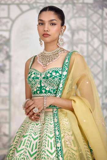 Shyam Narayan Prasad Green Silk Sweetheart Neck Gota Embroidered Raw Lehenga Set Online at Aza Fashions Shyam Narayan Prasad_Green Silk Sweetheart Neck Gota Embroidered Raw Lehenga Set _Online_at_Aza_Fashions