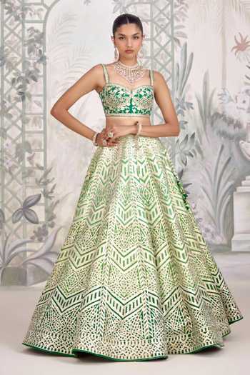Buy Shyam Narayan Prasad Green Silk Sweetheart Neck Gota Embroidered Raw Lehenga Set Online at Aza Fashions Buy_Shyam Narayan Prasad_Green Silk Sweetheart Neck Gota Embroidered Raw Lehenga Set _Online_at_Aza_Fashions