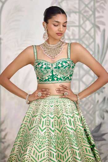 Shop Shyam Narayan Prasad Green Silk Sweetheart Neck Gota Embroidered Raw Lehenga Set Online at Aza Fashions Shop_Shyam Narayan Prasad_Green Silk Sweetheart Neck Gota Embroidered Raw Lehenga Set _Online_at_Aza_Fashions