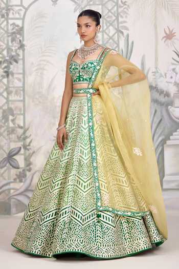 Shyam Narayan Prasad Green Silk Sweetheart Neck Gota Embroidered Raw Lehenga Set at Aza Fashions Shyam Narayan Prasad_Green Silk Sweetheart Neck Gota Embroidered Raw Lehenga Set _at_Aza_Fashions