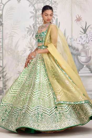 Buy Shyam Narayan Prasad Green Silk Sweetheart Neck Gota Embroidered Raw Lehenga Set Buy_Shyam Narayan Prasad_Green Silk Sweetheart Neck Gota Embroidered Raw Lehenga Set