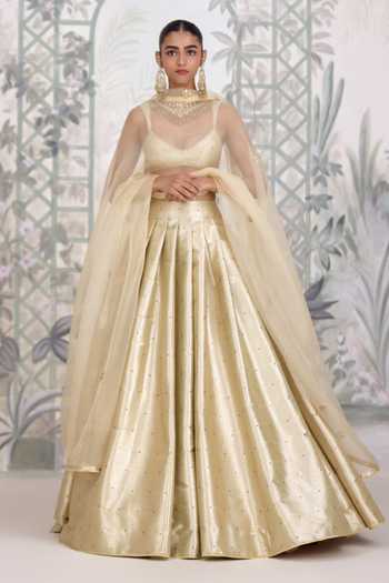 Buy_Shyam Narayan Prasad_Gold Silk, Organza, Brocade Sweetheart Neck Banarasi Lehenga Set _Online_at_Aza_Fashions