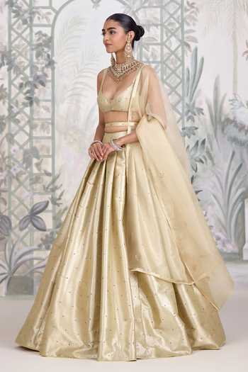 Shop_Shyam Narayan Prasad_Gold Silk, Organza, Brocade Sweetheart Neck Banarasi Lehenga Set 