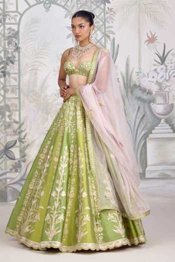 Shyam Narayan Prasad Green Silk Sweetheart Neck Gold Applique Thread Embroidered Raw Lehenga Set Online at Aza Fashions Shyam Narayan Prasad_Green Silk Sweetheart Neck Gold Applique Thread Embroidered Raw Lehenga Set _Online_at_Aza_Fashions