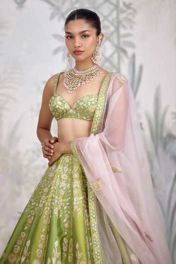 Buy Shyam Narayan Prasad Green Silk Sweetheart Neck Gold Applique Thread Embroidered Raw Lehenga Set Online at Aza Fashions Buy_Shyam Narayan Prasad_Green Silk Sweetheart Neck Gold Applique Thread Embroidered Raw Lehenga Set _Online_at_Aza_Fashions