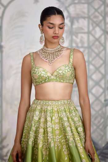 Shop Shyam Narayan Prasad Green Silk Sweetheart Neck Gold Applique Thread Embroidered Raw Lehenga Set Online at Aza Fashions Shop_Shyam Narayan Prasad_Green Silk Sweetheart Neck Gold Applique Thread Embroidered Raw Lehenga Set _Online_at_Aza_Fashions