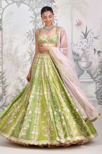 Buy Shyam Narayan Prasad Green Silk Sweetheart Neck Gold Applique Thread Embroidered Raw Lehenga Set Buy_Shyam Narayan Prasad_Green Silk Sweetheart Neck Gold Applique Thread Embroidered Raw Lehenga Set