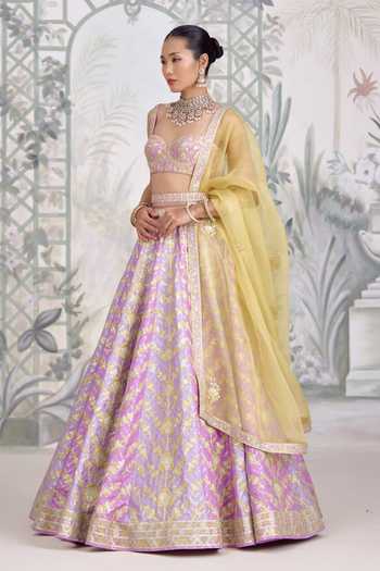 Shyam Narayan Prasad Purple Silk Sweetheart Neck Gold Applique Thread Embroidered Lehenga Set Online at Aza Fashions Shyam Narayan Prasad_Purple Silk Sweetheart Neck Gold Applique Thread Embroidered Lehenga Set _Online_at_Aza_Fashions