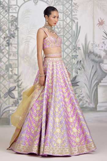 Shop Shyam Narayan Prasad Purple Silk Sweetheart Neck Gold Applique Thread Embroidered Lehenga Set Online at Aza Fashions Shop_Shyam Narayan Prasad_Purple Silk Sweetheart Neck Gold Applique Thread Embroidered Lehenga Set _Online_at_Aza_Fashions