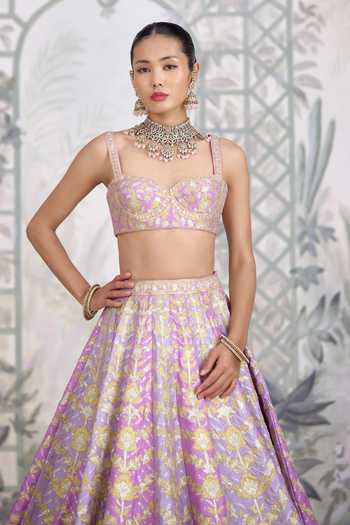 Shyam Narayan Prasad Purple Silk Sweetheart Neck Gold Applique Thread Embroidered Lehenga Set at Aza Fashions Shyam Narayan Prasad_Purple Silk Sweetheart Neck Gold Applique Thread Embroidered Lehenga Set _at_Aza_Fashions