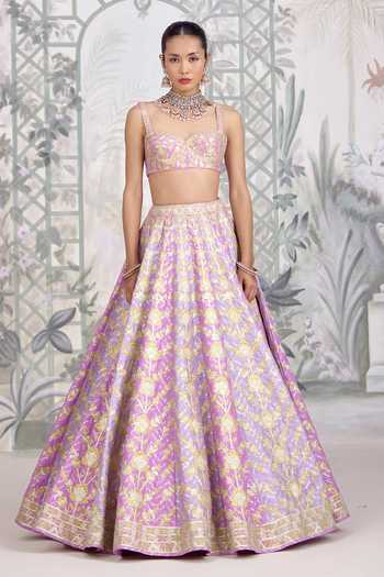 Shop Shyam Narayan Prasad Purple Silk Sweetheart Neck Gold Applique Thread Embroidered Lehenga Set Shop_Shyam Narayan Prasad_Purple Silk Sweetheart Neck Gold Applique Thread Embroidered Lehenga Set