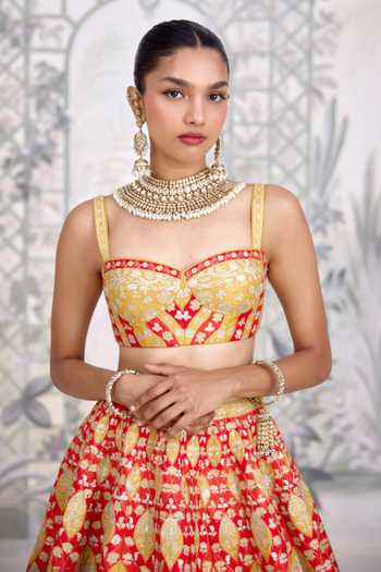 Buy_Shyam Narayan Prasad_Red Silk Sweetheart Neck Gold Applique Thread Embroidered Raw Lehenga Set _Online_at_Aza_Fashions