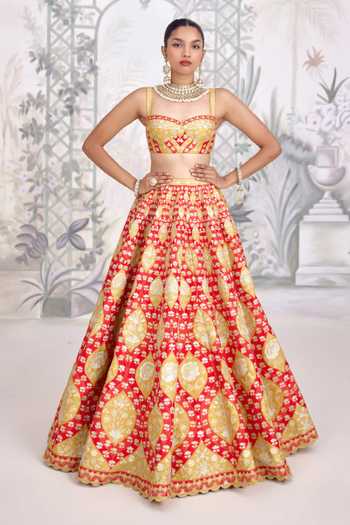 Shop_Shyam Narayan Prasad_Red Silk Sweetheart Neck Gold Applique Thread Embroidered Raw Lehenga Set _Online_at_Aza_Fashions