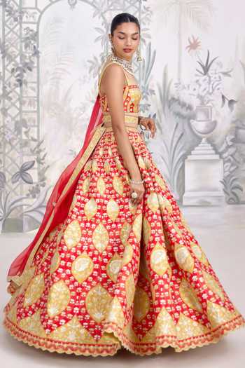 Shop_Shyam Narayan Prasad_Red Silk Sweetheart Neck Gold Applique Thread Embroidered Raw Lehenga Set 