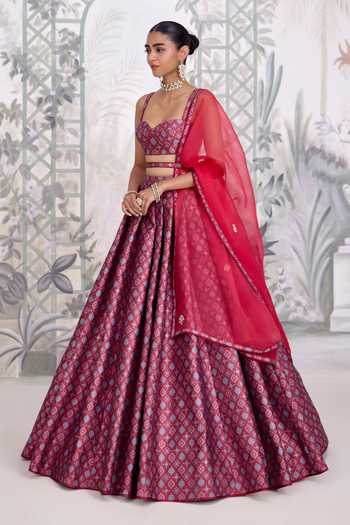 Shop_Shyam Narayan Prasad_Brown Silk, Organza, Brocade Sweetheart Neck Zardozi Embroidered Lehenga Set _Online_at_Aza_Fashions