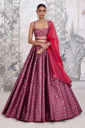 Shyam Narayan Prasad_Brown Silk, Organza, Brocade Sweetheart Neck Zardozi Embroidered Lehenga Set _at_Aza_Fashions