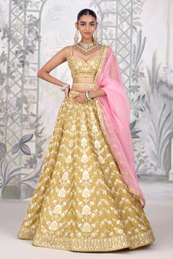 Shyam Narayan Prasad Floral Gold Applique Raw Silk Lehenga Set 