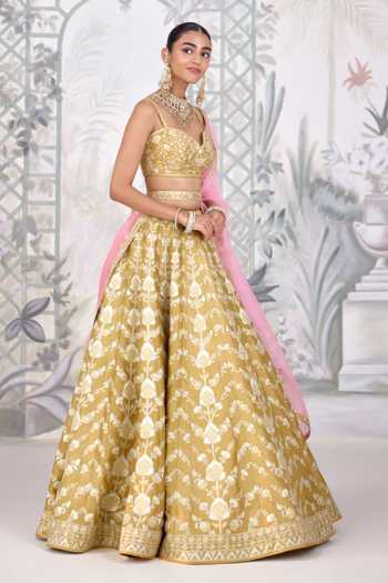Shop Shyam Narayan Prasad Yellow Silk Sweetheart Neck Floral Gold Applique Raw Lehenga Set Online at Aza Fashions Shop_Shyam Narayan Prasad_Yellow Silk Sweetheart Neck Floral Gold Applique Raw Lehenga Set _Online_at_Aza_Fashions