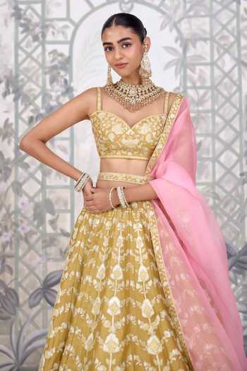Shyam Narayan Prasad Yellow Silk Sweetheart Neck Floral Gold Applique Raw Lehenga Set at Aza Fashions Shyam Narayan Prasad_Yellow Silk Sweetheart Neck Floral Gold Applique Raw Lehenga Set _at_Aza_Fashions