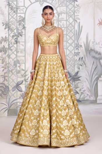 Shop Shyam Narayan Prasad Yellow Silk Sweetheart Neck Floral Gold Applique Raw Lehenga Set Shop_Shyam Narayan Prasad_Yellow Silk Sweetheart Neck Floral Gold Applique Raw Lehenga Set