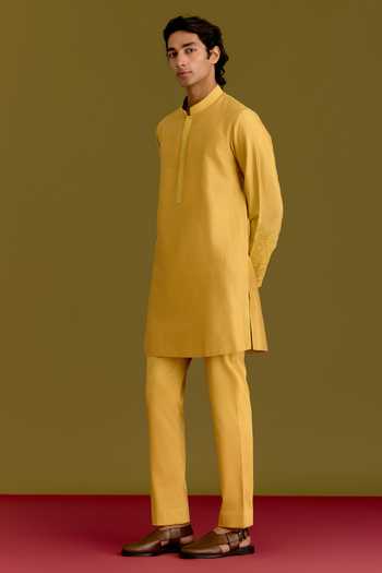Devnaagri_Mustard Silk, Cotton, Lycra Tonal Embroidered Kurta Set _at_Aza_Fashions
