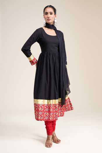 Buy Khwaab By Sanjana Lakhani Black Cotton Scoop Neck Contrast Panel Anarkali Set Buy_Khwaab By Sanjana Lakhani_Black Cotton Scoop Neck Contrast Panel Anarkali Set