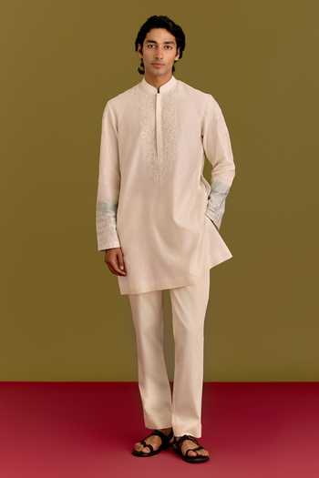 Devnaagri Blue Silk, Chanderi, Cotton, Lycra Embroidered Placket Kurta Set at Aza Fashions Devnaagri_Blue Silk, Chanderi, Cotton, Lycra Embroidered Placket Kurta Set _at_Aza_Fashions