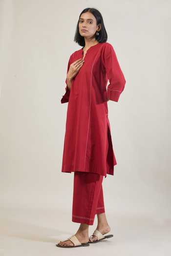 Buy Tuli Red Cotton Split V-neck Udaan Thread Work Kurta And Pant Set Buy_Tuli_Red Cotton Split V-neck Udaan Thread Work Kurta And Pant Set